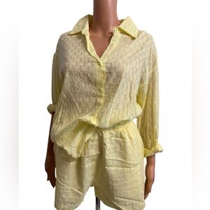 Yellow Sheer Textured Button-Up Shirt and Shorts Swim Cover Set